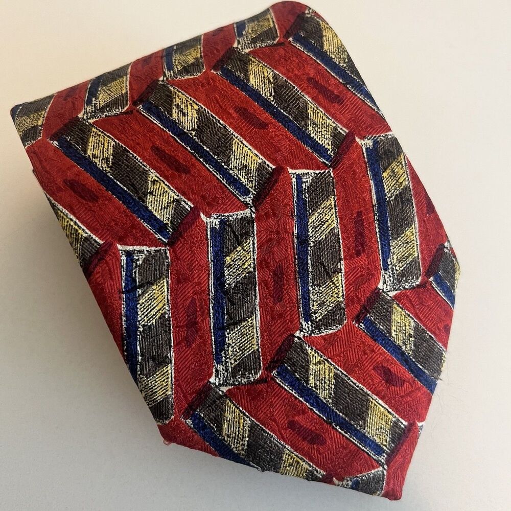 Ermenegildo Zegna Silk Tie Vintage Red Gold Geometric Floral Made in Italy